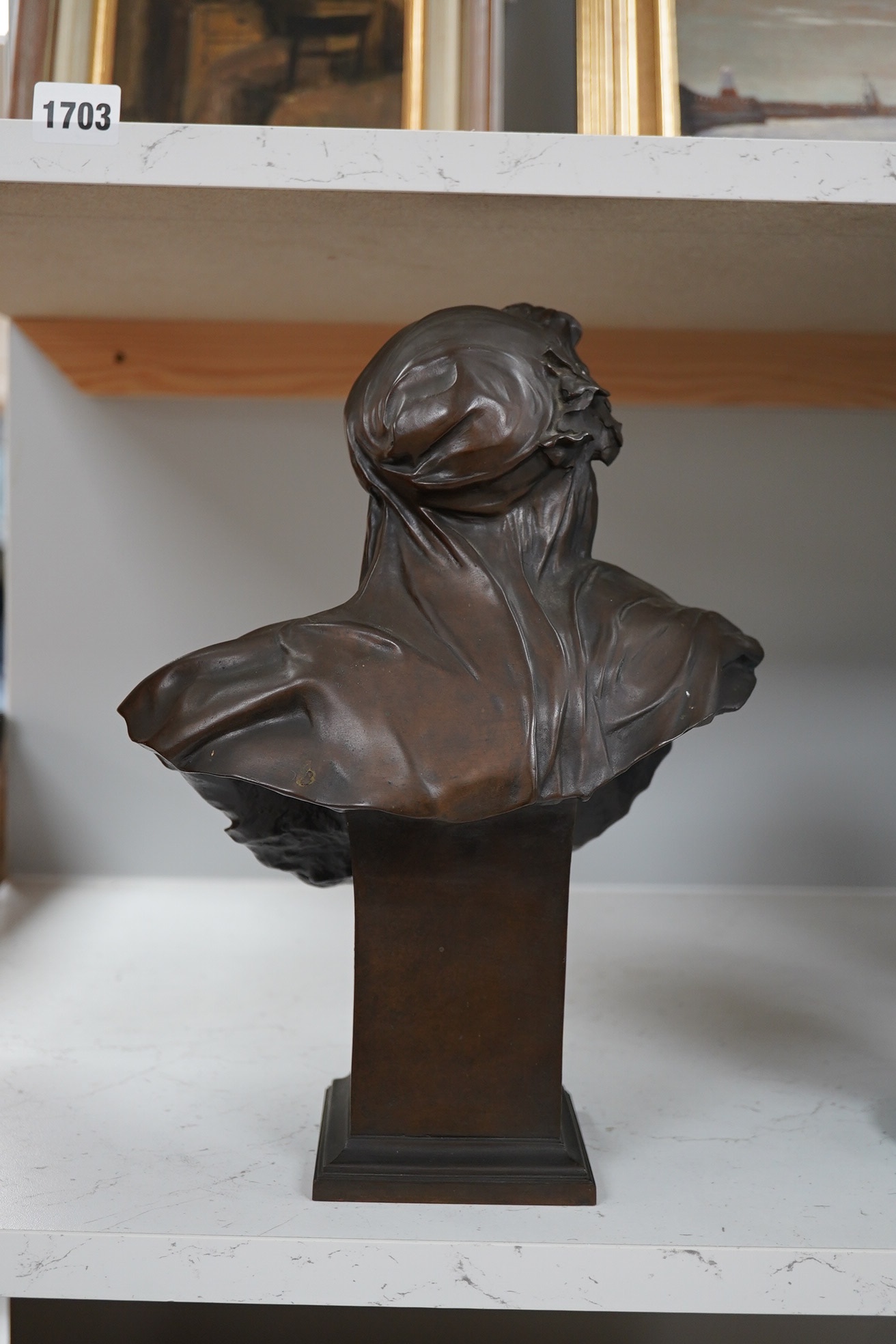 After Gustave Michel (French, 1851-1924), an Art Nouveau bronze bust, ‘La Pensee’, 32cm high. Condition - good